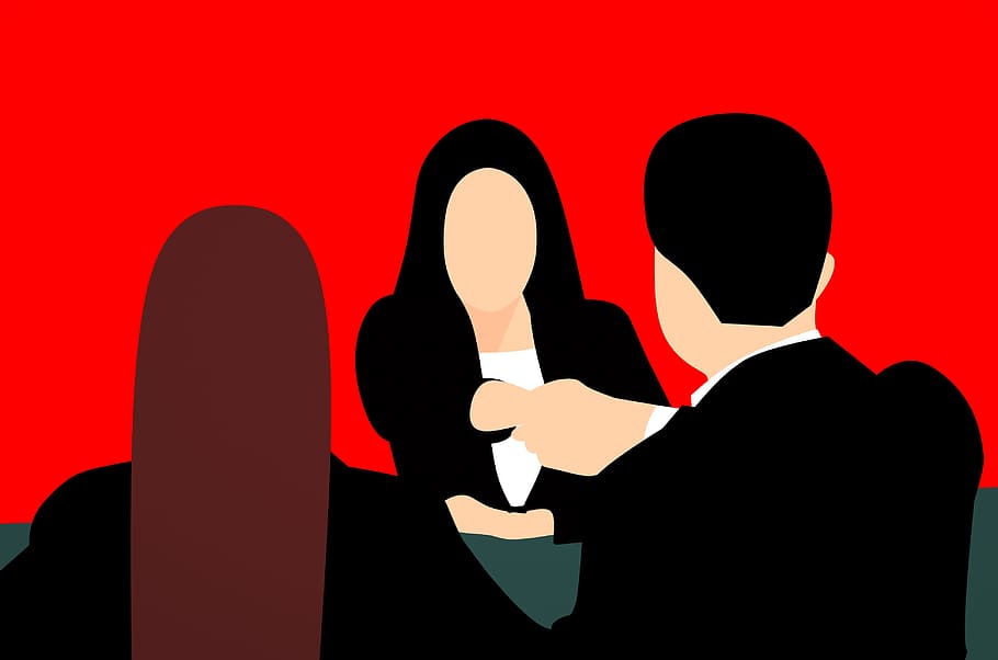 illustration, man, two, women, meeting, job interview, setting., shaking, hands, wrap